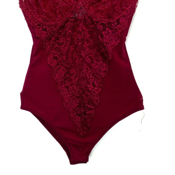 POLLY Women's Red Wine One Piece Bodysuit 4 SMALL Floral Strap Bustier Sheer - Picture 5 of 12
